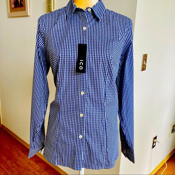 ICO Long Sleeve Blue/White Gingham Button Up Top Shirt - Picture 1 of 10